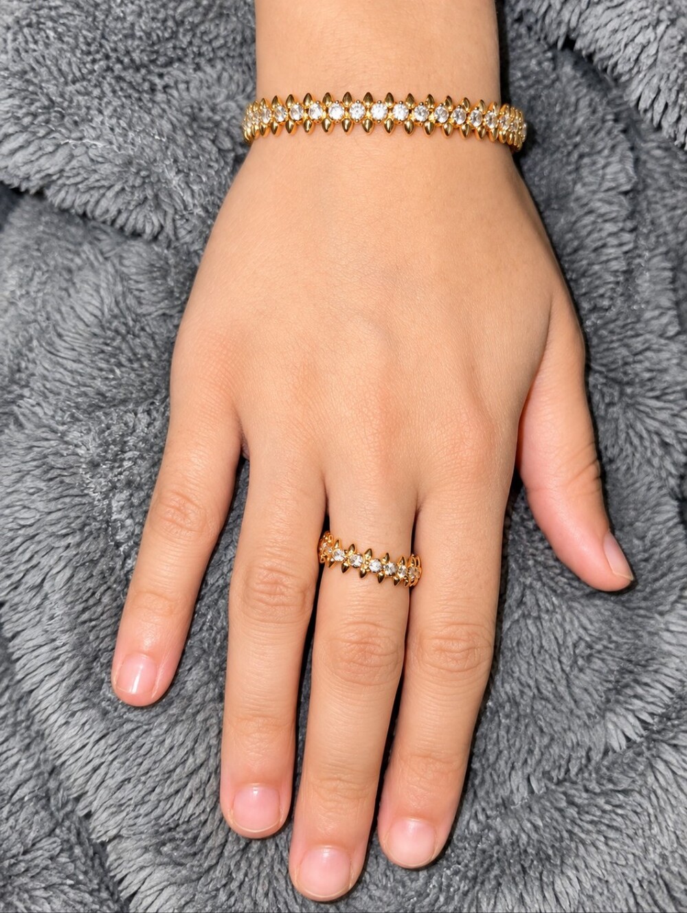 22kgp Dubai Jewelry Gold-Tone Crystal Tennis Bracelet and Matching Ring Set